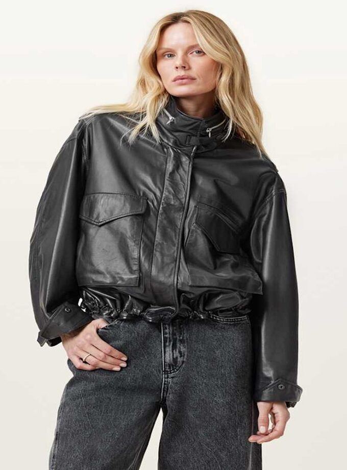 Clay Funnel Neck Cropped Leather Jacket