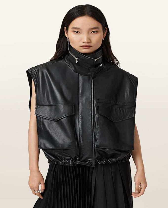 Women Clay Funnel Neck Leather Gilet